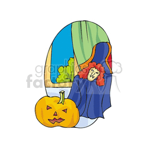 A festive Halloween clipart featuring a carved pumpkin and a person in a ghost costume with a theatrical mask, set against a colorful window background.