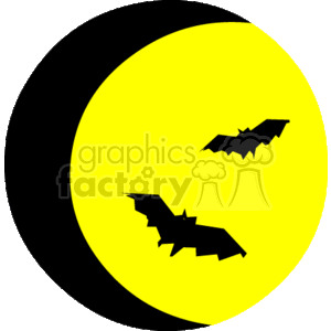 The clipart image shows a full yellow moon with two black bat silhouettes flying in front of it. The background is solid black, giving a night-time impression, which is typical of Halloween-themed graphics.