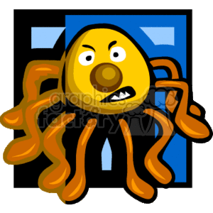 The clipart image features a cartoon-style spider with a yellow body and what appear to be brown legs. The spider has a slightly angry or annoyed expression with one large front tooth visible. The background is a simple representation of a window or a framed area with a blue color.