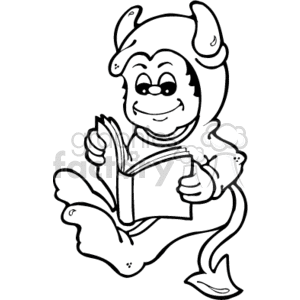 This clipart image depicts a small boy dressed in a devil costume for Halloween. He is sitting down and reading a book, with a pleased expression on his face. The boy's costume includes a tail and horns, which are typical elements of a devil outfit for Halloween.