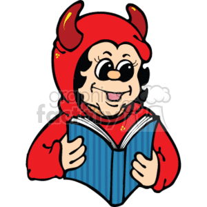 The clipart image features a character dressed in a red devil costume, complete with horns on the head. The character is smiling and appears to be engaged and happy while reading a book with a blue cover that has visible stripes. The overall theme suggests a lighthearted take on a typically scary costume, perhaps relating to the joy of reading or education with a Halloween twist.