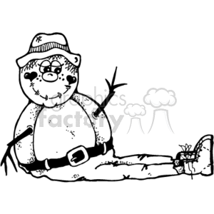   The clipart image depicts a country-style scarecrow. The scarecrow is wearing a hat and a long-sleeve shirt with a patch and has a friendly face with a stitched mouth and button eyes. It features straw sticking out from the scarecrow
