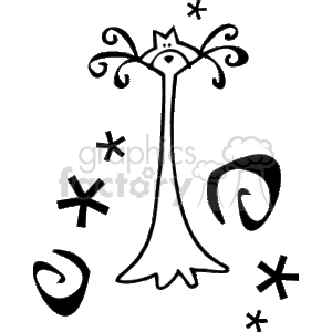 The clipart image features a stylized illustration of a tall, thin cat with a long tail and decorative motifs around it. The cat has a whimsical design, with pointed ears, a small face at the top of a long neck, and a body that flares out at the base. Surrounding the cat are various abstract shapes and symbols that could be interpreted as stars or just decorative elements, enhancing the whimsical and festive vibe of the image.
