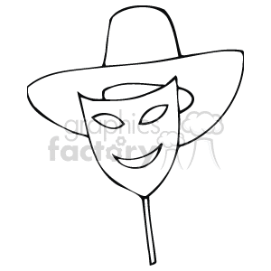 This clipart image depicts a simplified representation of a mask with a smiling expression, equipped with a stick handle for holding, and a wide-brimmed hat placed atop the mask, reminiscent of a costume piece one might find as part of a Halloween or masquerade party ensemble.