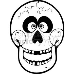   The clipart image features a stylized cartoon skull. The skull has large, exaggerated eye sockets with eyes, a prominent nasal cavity, a wide grinning mouth with teeth, and several cracks on the top of the skull, suggesting it