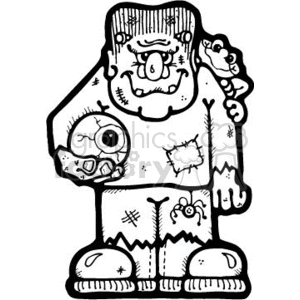 The clipart image depicts a cartoonish version of a classic Halloween monster reminiscent of Frankenstein's creature. It features exaggerated characteristics such as an oversized eye in its hand, patchwork skin, heavy boots, and what appears to be a small frog or similar creature perched on its shoulder. The monster has a bulky, square physique, with simple line art giving it a playful and not-too-scary appearance, suitable for a range of Halloween-themed uses.