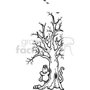The image features a barren tree with twisting branches, typically associated with a spooky or Halloween theme. Next to the tree, there is a monster that appears to be standing or emerging from the side. The monster is depicted in a simplistic, cartoonish style. 
