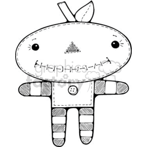  This clipart image depicts a sketch of a whimsical character that combines elements of Halloween with a doll. It features a round head with stitched detailing resembling a jack-o