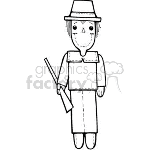 The clipart image features a simplistic drawing of a scarecrow. The scarecrow is depicted with a hat, a triangular nose, dot eyes, stitched mouth, and is holding a stick. It has a shirt with patches and pants, standing upright. This character is representative of the kind commonly seen during the autumn season, particularly around Halloween and Thanksgiving in countries that celebrate these holidays.