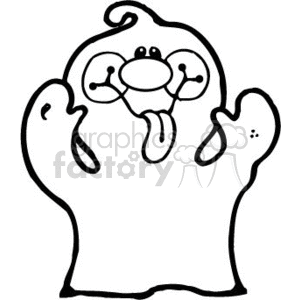 The clipart image depicts a playful ghost with an exaggerated facial expression. Its tongue is sticking out, and it's raising its arms in a whimsical, friendly manner.