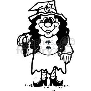 The clipart image depicts a cheerful witch. She is wearing a pointed witch's hat adorned with a star and a dress with a bat motif. The witch has curly hair, a friendly smile, striped socks, and buckled shoes.