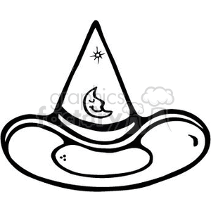 This clipart image depicts a simplified, cartoon-style drawing of a witch's hat. The hat features a conical shape with a wide, floppy brim, and it's adorned with a crescent moon and a star, which are common symbols associated with witchcraft and Halloween.