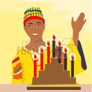 This clipart image features a person wearing a Kwanzaa hat with a colorful Kente pattern, raising their hand in greeting or celebration. In front of them is a kinara (candle holder) with seven candles, known as the Mishumaa Saba, in the traditional colors of Kwanzaa—three red on the left, three green on the right, and one black in the center. The background is a warm golden shade, adding to the festive atmosphere of the illustration.