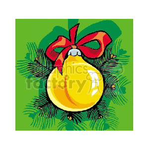 A clipart image featuring a yellow Christmas bulb ornament with a red bow on a background of green pine branches.