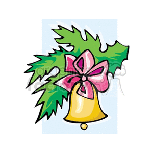 A festive clipart image featuring a golden Christmas bell adorned with green holly leaves and a pink bow, symbolizing holiday decorations.