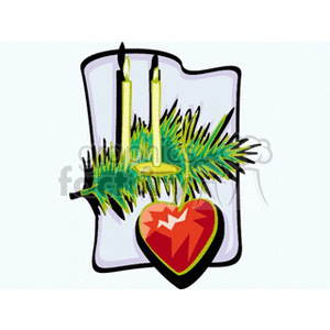 Clipart image featuring two lit candles on a candlestick, a pine branch, and a red heart-shaped ornament.