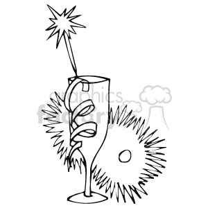   The image is a black and white clipart illustration of a sparkling wine glass with decorative elements such as a starburst at the end of a swirl attached to the glass, indicating celebration or festivity. There are also bursts of light or sparkle effects around the glass, which add to the celebratory theme of the image. This kind of imagery is typically associated with events such as New Year