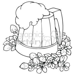 The clipart image shows a frothy mug of beer with foam spilling over the edge, surrounded by a bed of clovers