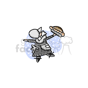 The clipart image shows a stylized pilgrim figure holding a pie. The pilgrim is wearing traditional clothing including a hat with a buckle and a collar, indicative of the attire typically associated with the American colonial era around the period of Thanksgiving. The pie appears to have a fluted crust, suggesting that it could be a sweet pie such as pumpkin or apple, which are common in Thanksgiving celebrations.