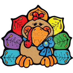 The clipart image features a cartoon turkey with colorful feathers. The turkey has a whimsical style, with exaggerated features such as a large wattle and snood (the red dangly parts), a happy facial expression, and a decorative blue ribbon on its chest. The feathers are multi-colored and patterned, giving a festive appearance related to the autumn season. This image is often associated with Thanksgiving holiday themes in the United States, celebrated in November.
Concise 