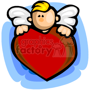 The clipart image features a stylized angel or cupid with blonde hair and white wings, holding a large red heart. The angel appears to be framed against a blue background. The design is simplified and cartoonish, typical of clipart imagery.