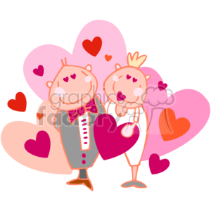   The clipart image depicts a cartoon-style couple surrounded by hearts, which is suggestive of a romantic theme. The couple appears to be dressed in formal attire with the character on the left wearing a suit and bow tie, and the character on the right wearing a dress and a small crown or tiara on their head, indicating a princess-like appearance. Both characters are smiling, have hearts as cheeks, and the background is filled with various-sized hearts, evoking sentiments of love and affection, commonly associated with Valentine