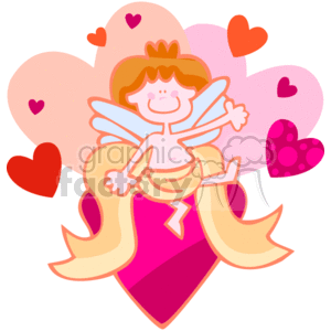 The clipart image features a cartoon representation of a cheerful Cupid sitting on a large red/pink heart. The Cupid, symbolizing love and affection, is depicted with orange hair, a crown, wings, and holding a bow. The background includes additional hearts of various sizes and shades of pink and red, some with patterns. The overall theme suggests a celebratory mood related to love, commonly associated with Valentine's Day.