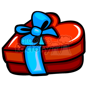 This clipart image features a heart-shaped gift box in a red color, tied with a blue ribbon bow. The image conveys themes of affection and celebration and is likely associated with Valentine's Day or romantic occasions.
