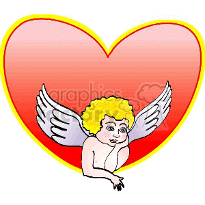 Clipart image of an angel with blonde hair and white wings in front of a large red heart, symbolizing love and Valentine's Day.