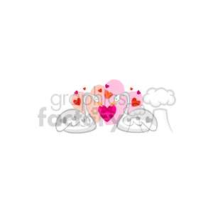   The clipart image features a pair of swans facing each other forming a heart shape with their necks. There are multiple hearts of different sizes and colors floating above them, with the central heart being patterned and particularly prominent. The swans and hearts are set against a background that is not visible in the image. This suggests a romantic theme, commonly associated with love and Valentine