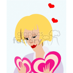 Clipart of a girl holding pink heart-shaped cards with red hearts floating above, representing Valentine's Day themes.