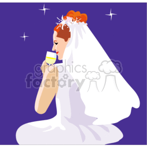 The clipart image depicts a bride in her wedding attire. She is wearing a white wedding dress with a veil and appears to be holding a glass, possibly enjoying a celebratory drink. The background is purple, with sparkles that suggest a festive or magical atmosphere.