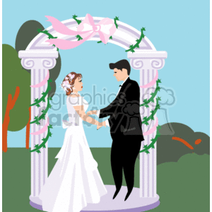   The clipart image depicts a bride and groom standing under a decorative wedding arch. The arch is adorned with pink bows and greenery. The bride is wearing a white wedding gown with a veil and the groom is in a black suit. They are holding hands and looking into each other