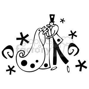 Stylized black and white clipart of a couple at a wedding ceremony, featuring a bride and groom with whimsical decorations.