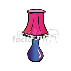 This clipart image depicts a lamp with a pink shade and a blue base. The lampshade appears to have a classic design with fringed detailing at the bottom.