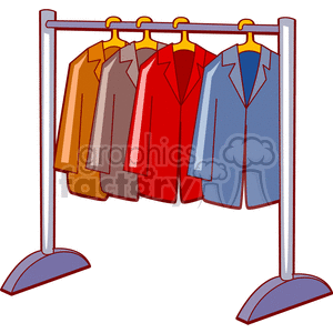 A clipart image of a coat rack with four colorful coats hanging on hangers.