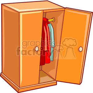 Clipart image of an open wooden coat rack or closet with hanging clothes inside.