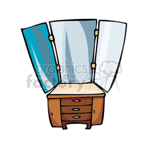 A clipart image of a makeup table with three mirrors and drawers.