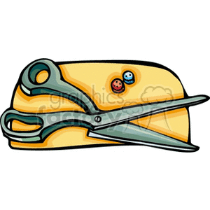 Clipart image of a pair of scissors on a piece of fabric with two buttons.