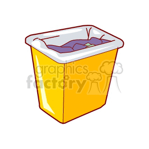 A clipart image of a yellow garbage can containing trash.