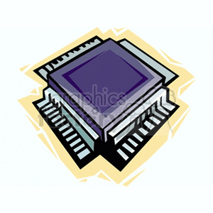 Stylized clipart image of a computer microchip with a purple central processor and surrounded by geometric shapes.