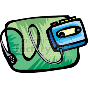 Colorful retro clipart of a portable cassette player with headphones.