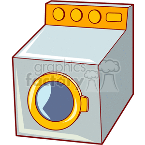 A colorful clipart image of a clothes drier machine with an orange top panel and a round front-loading door.