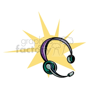 Clipart image of a headset with a microphone, positioned in front of a bright yellow starburst.