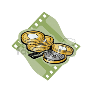 Illustration of film reels and filmstrip on a green background.