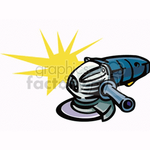 Clipart image of an angle grinder with a bright yellow spark.