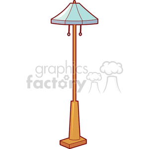 An illustration of a tall floor lamp with a blue lampshade and a wooden base.