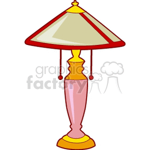 Colorful clipart of a classic table lamp with a red and beige lampshade and a decorative base.