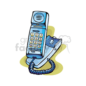 Clipart image of a blue landline telephone on a base with a corded handset and numeric keypad.