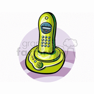 Illustration of a green cordless phone with a keypad, sitting on its charging base.